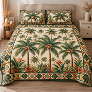 AI mockup, front view of a grove of coconut palm trees with tropical foliage and an earthy geometric border, quilt and two matching printed pillowcases in a neutral bedroom.