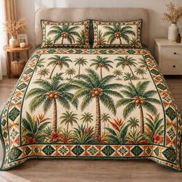 Palm Tree Quilt Set, Vintage Tropical Botanical Garden, Gift for Tropical Decor Lovers