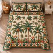 AI mockup, high centered overhead view of a grove of coconut palm trees with tropical foliage and an earthy geometric border, quilt and two matching printed pillowcases in a neutral bedroom.