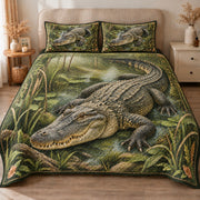 AI mockup, front view of a large alligator resting in a green marsh surrounded by reeds and mossy vegetation, quilt and two matching printed pillowcases in a neutral bedroom.