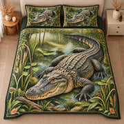 AI mockup, high centered overhead view of a large alligator resting in a green marsh surrounded by reeds and mossy vegetation, quilt and two matching printed pillowcases in a neutral bedroom.