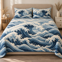 Ocean Wave Quilt Set, Layered Blue Surf and White Foam, Gift for Ocean Lovers