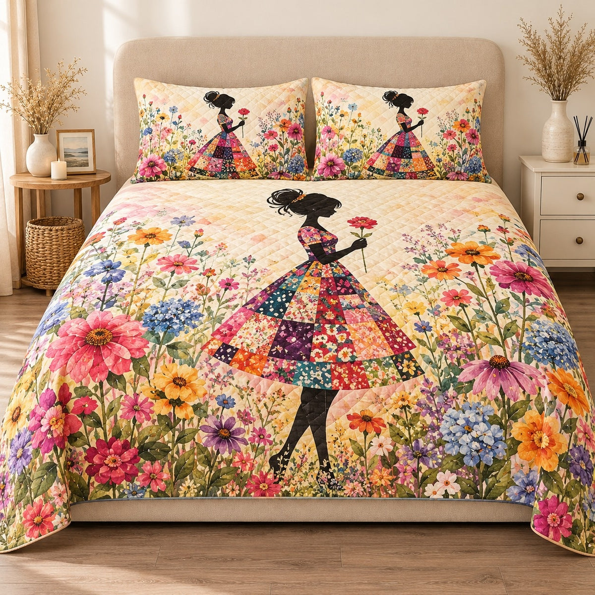 AI mockup, front view of a woman in a multicolored patchwork dress and dark hat standing in a bright wildflower garden, quilt and two matching printed pillowcases in a neutral bedroom.