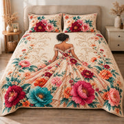 AI mockup, front view of a woman viewed from behind in a sweeping floral gown amid coral teal and burgundy flowers, quilt and two matching printed pillowcases in a neutral bedroom.