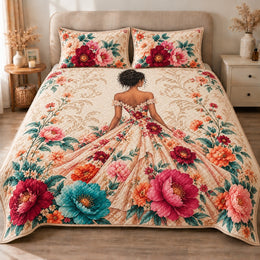 Floral Dress Quilt Set, Elegant Garden Gown in Cream and Coral, Gift for Fashion Lovers