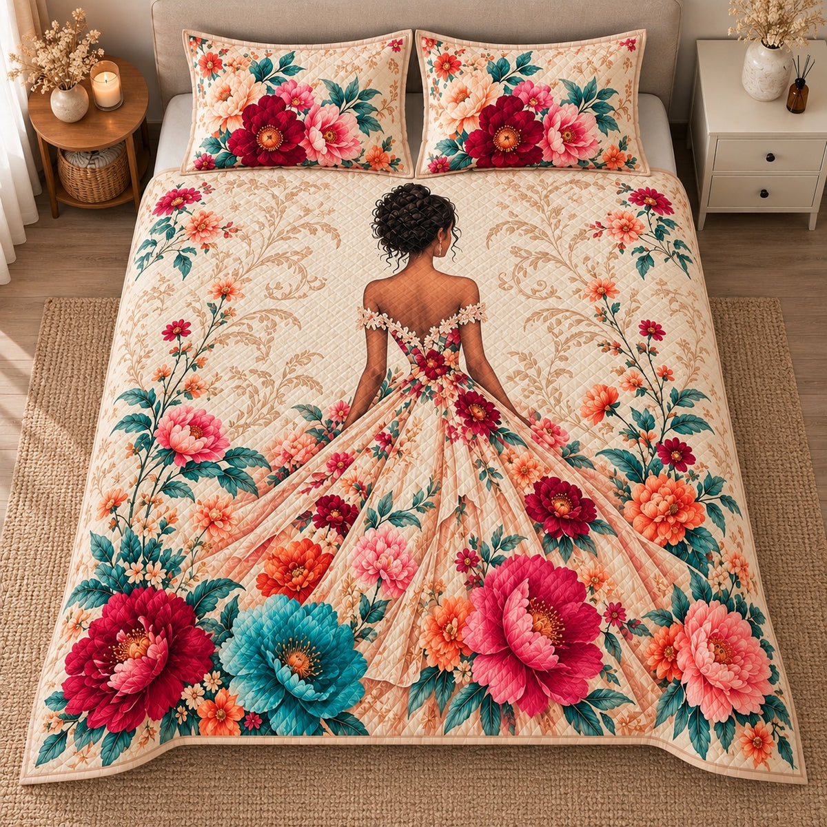 AI mockup, high centered overhead view of a woman viewed from behind in a sweeping floral gown amid coral teal and burgundy flowers, quilt and two matching printed pillowcases in a neutral bedroom.