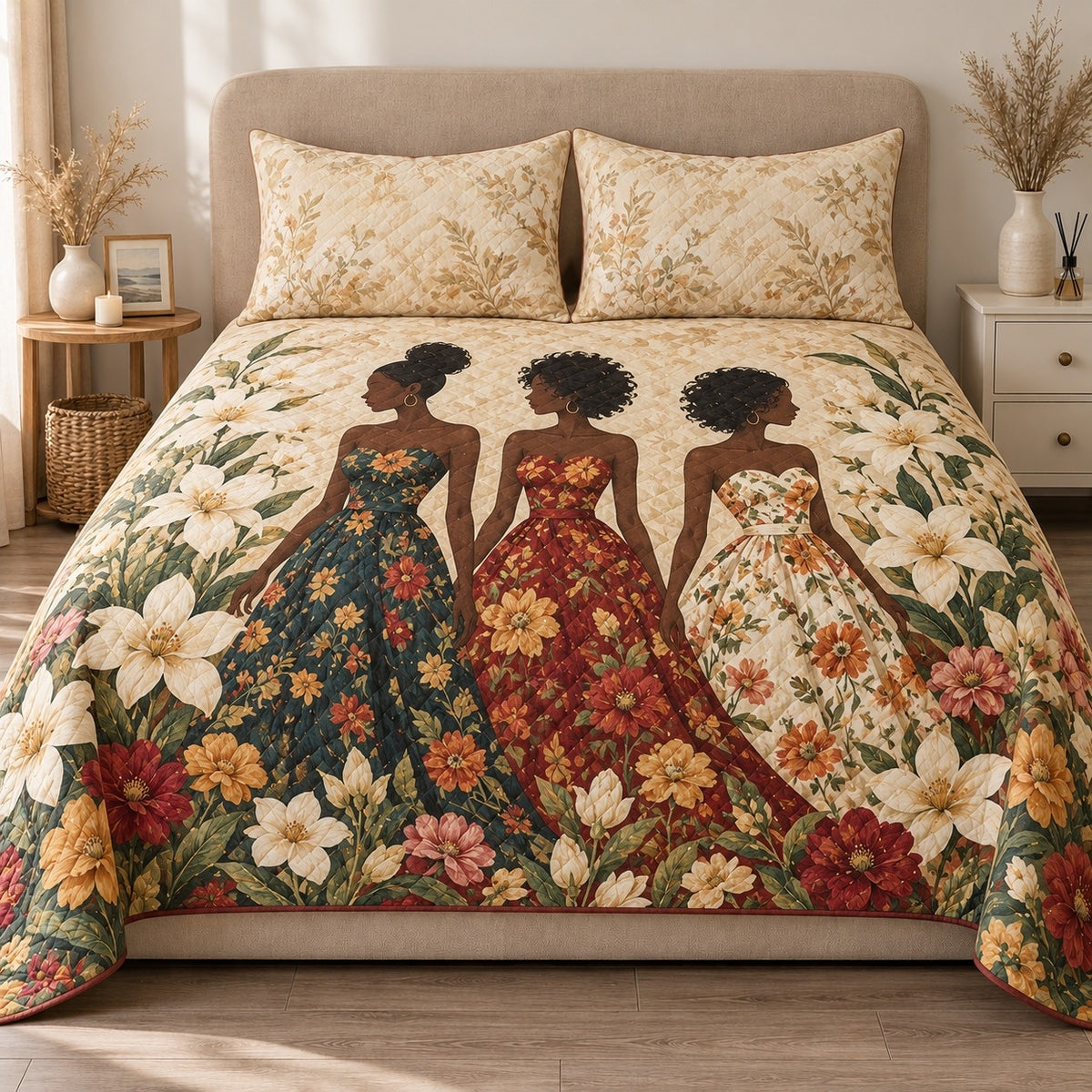AI mockup, front view of three women in flowing floral dresses surrounded by oversized cream and colorful flowers, quilt and two matching printed pillowcases in a neutral bedroom.