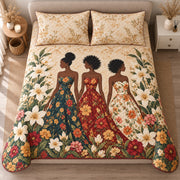 AI mockup, high centered overhead view of three women in flowing floral dresses surrounded by oversized cream and colorful flowers, quilt and two matching printed pillowcases in a neutral bedroom.