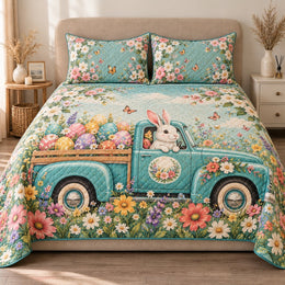 Easter Bunny Quilt Set, Teal Pickup Truck and Painted Eggs, Gift for Bunny Lovers