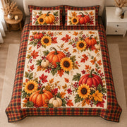 AI mockup, high centered overhead view of orange ivory and red pumpkins, sunflowers and autumn leaves with a tartan border, quilt and two matching printed pillowcases in a neutral bedroom.