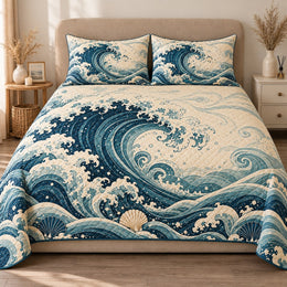 Coastal Wave Quilt Set, Curling Teal Surf and Seashells, Gift for Ocean Lovers