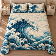 AI mockup, high centered overhead view of a large curling teal wave with white foam, flowing wave patterns and seashells, quilt and two matching printed pillowcases in a neutral bedroom.