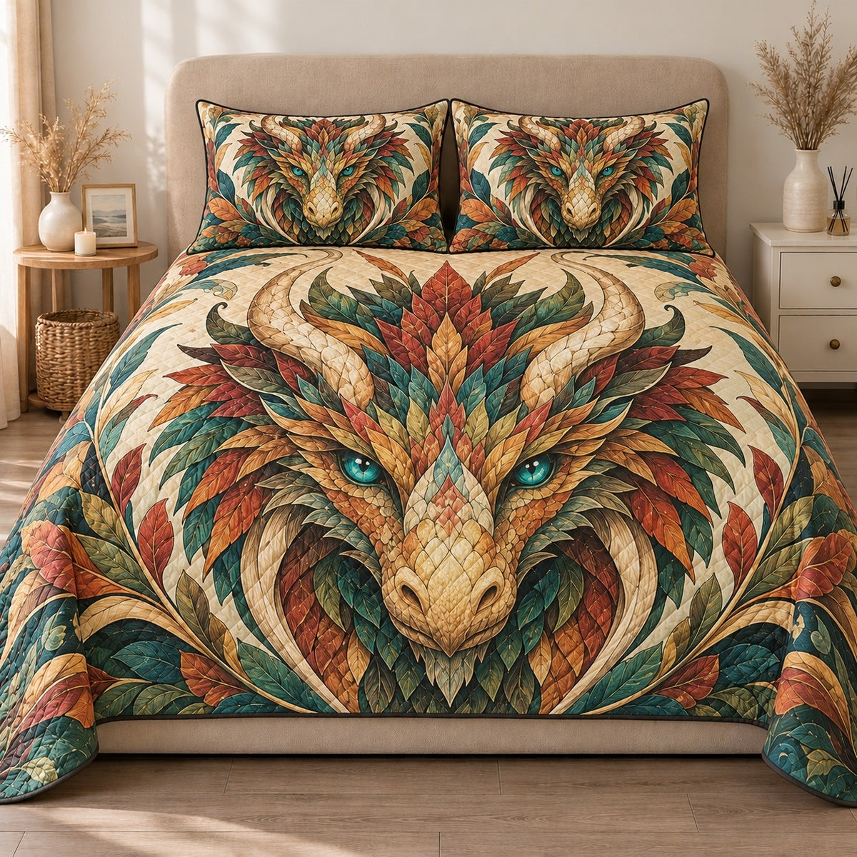 AI mockup, front view of an ornate dragon portrait with emerald eyes and layered autumn colored leaf scales, quilt and two matching printed pillowcases in a neutral bedroom.