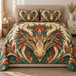 Dragon Quilt Set, Autumn Leaf Scales and Emerald Eyes, Gift for Fantasy Lovers