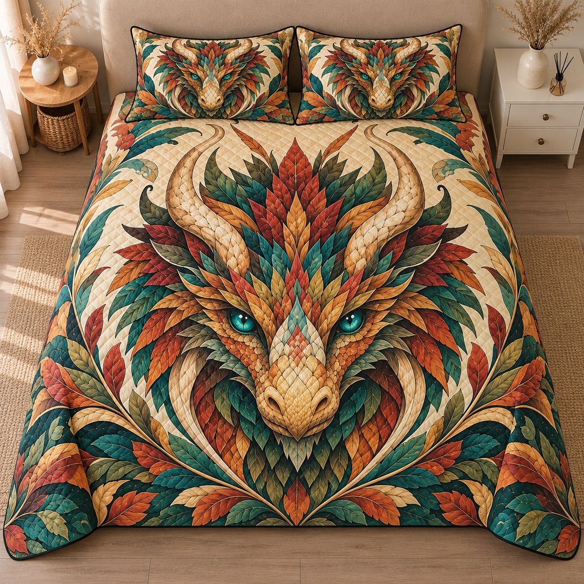 AI mockup, high centered overhead view of an ornate dragon portrait with emerald eyes and layered autumn colored leaf scales, quilt and two matching printed pillowcases in a neutral bedroom.