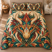 AI mockup, high centered overhead view of an ornate dragon portrait with emerald eyes and layered autumn colored leaf scales, quilt and two matching printed pillowcases in a neutral bedroom.