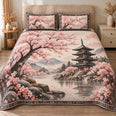 Japanese Garden Quilt Set, Pink Cherry Blossoms and Lakeside Pagoda, Gift for Japan Lovers