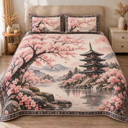 Japanese Garden Quilt Set, Pink Cherry Blossoms and Lakeside Pagoda, Gift for Japan Lovers