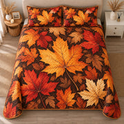 AI mockup, high centered overhead view of overlapping maple leaves in orange golden yellow rust and crimson, quilt and two matching printed pillowcases in a neutral bedroom.