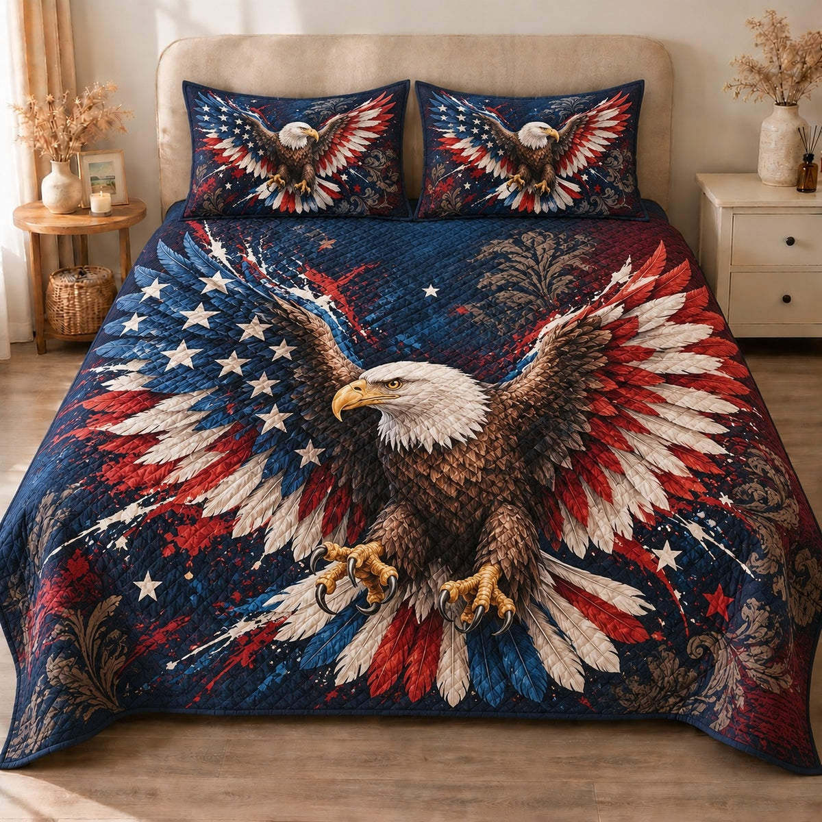AI mockup, front view of a bald eagle with spread red white and blue wings over an American flag inspired navy background, quilt and two matching printed pillowcases in a neutral bedroom.