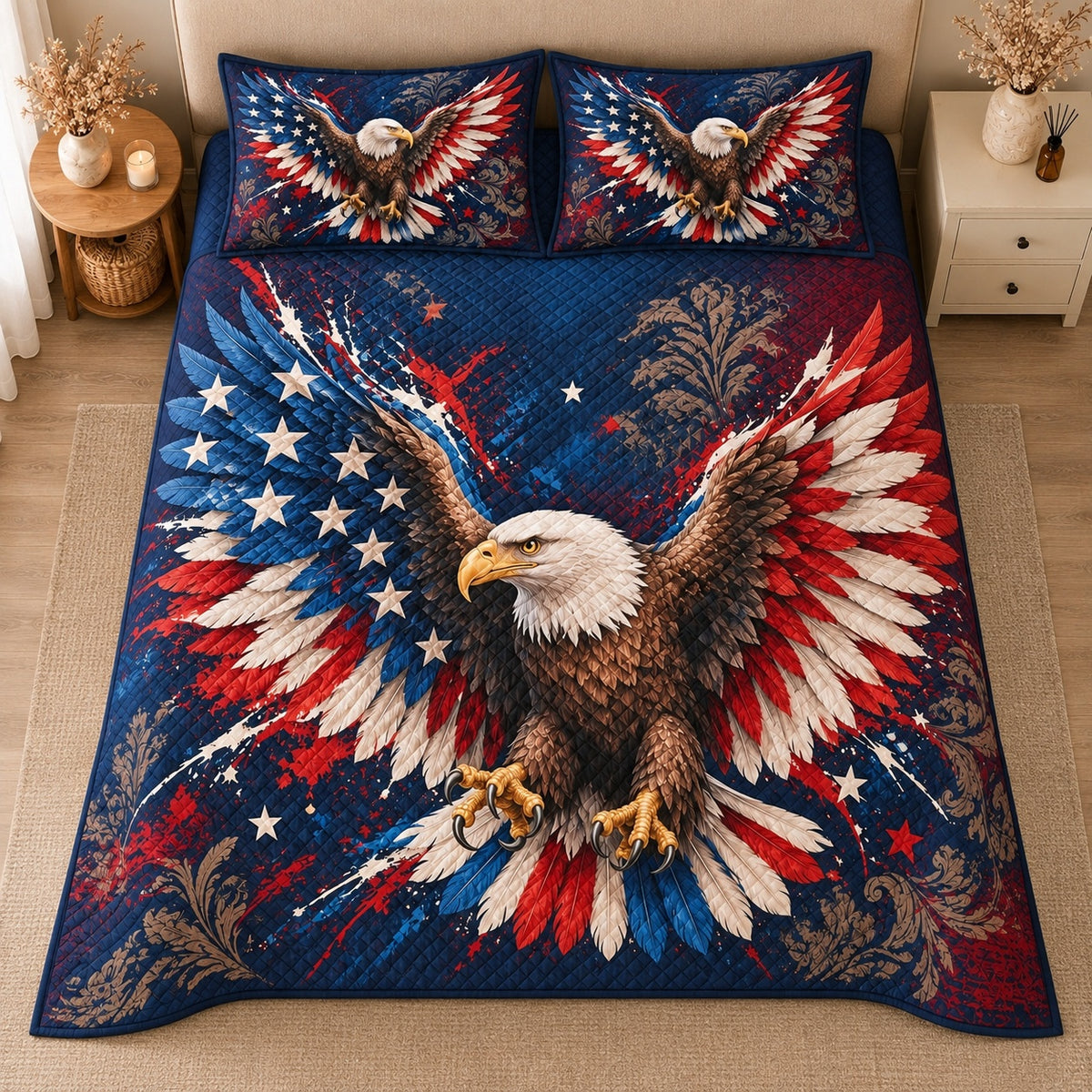 AI mockup, high centered overhead view of a bald eagle with spread red white and blue wings over an American flag inspired navy background, quilt and two matching printed pillowcases in a neutral bedroom.