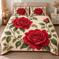 Red Rose Quilt Set, Vintage Botanical Blooms on Ivory, Gift for Rose Lovers