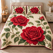 AI mockup, front view of large red roses, buds and green leaves on an ivory botanical background, quilt and two matching printed pillowcases in a neutral bedroom.