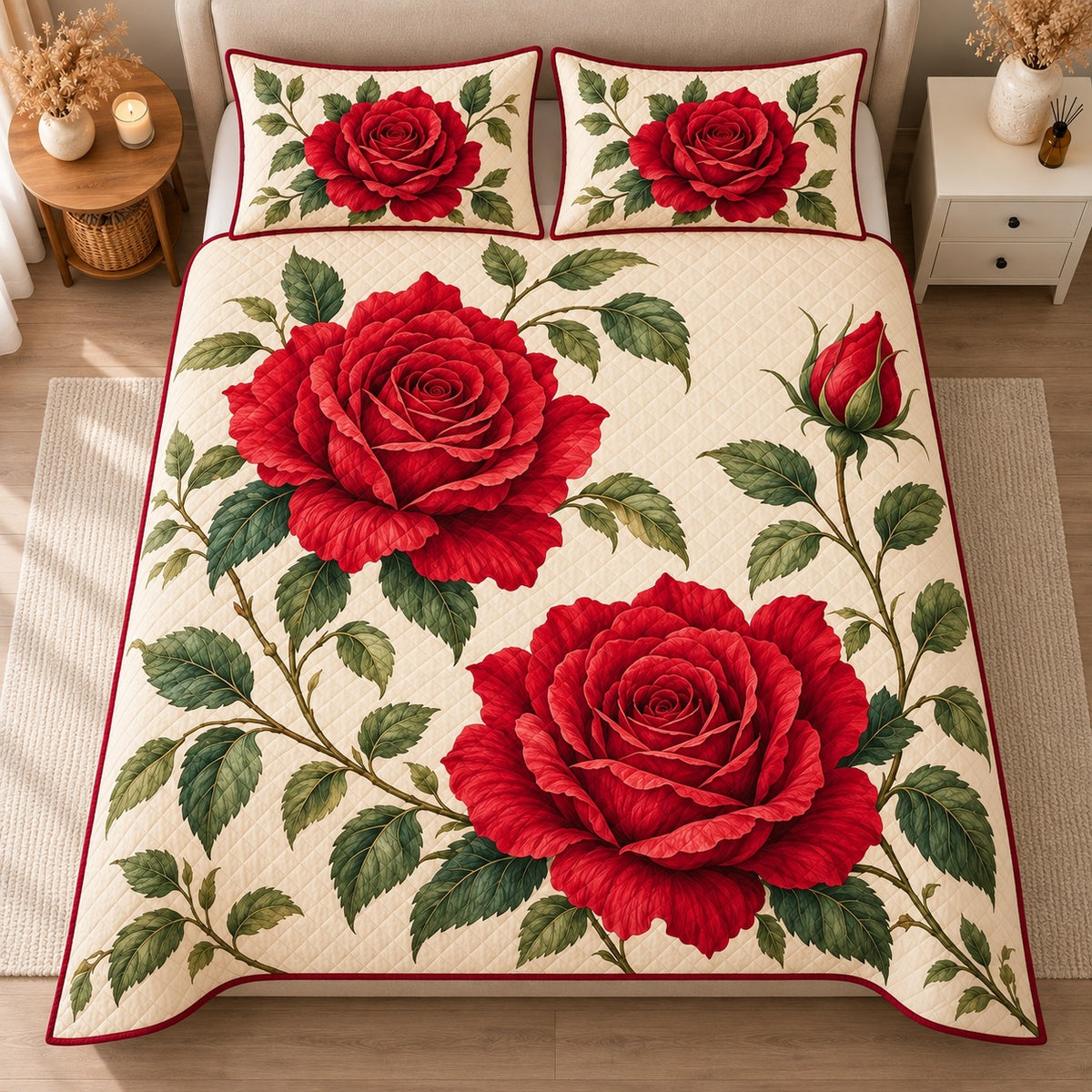 AI mockup, high centered overhead view of large red roses, buds and green leaves on an ivory botanical background, quilt and two matching printed pillowcases in a neutral bedroom.