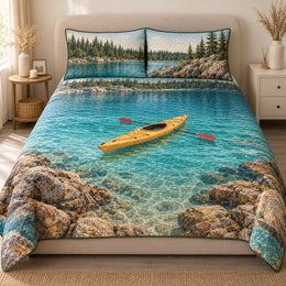 Lake Kayak Quilt Set, Turquoise Water and Forest Shore, Gift for Kayaking Lovers