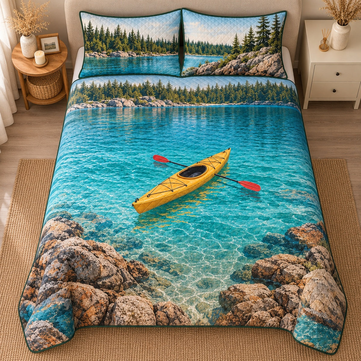 AI mockup, high centered overhead view of a yellow kayak and paddle on clear turquoise lake water beside rocks and a pine forest shoreline, quilt and two matching printed pillowcases in a neutral bedroom.