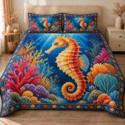 AI mockup, front view of a golden orange seahorse in deep blue water surrounded by vivid coral, quilt and two matching printed pillowcases in a neutral bedroom.