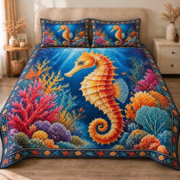 Seahorse Quilt Set, Golden Ocean Life and Colorful Coral, Gift for Ocean Lovers