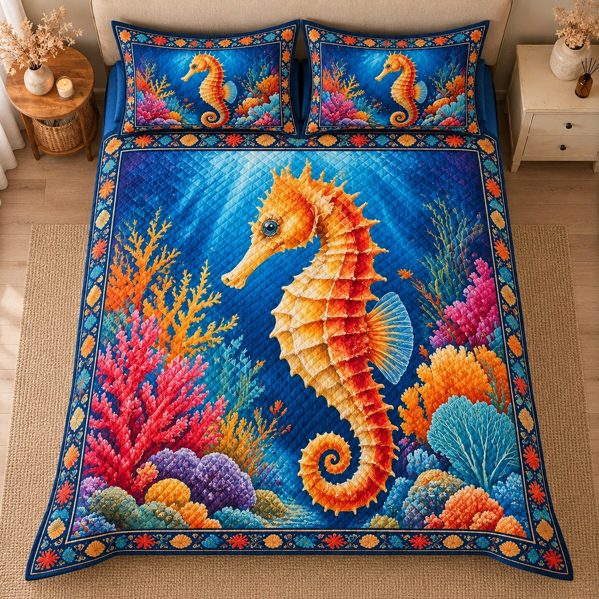 AI mockup, high centered overhead view of a golden orange seahorse in deep blue water surrounded by vivid coral, quilt and two matching printed pillowcases in a neutral bedroom.