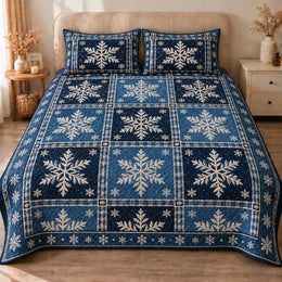 Winter Snowflake Quilt Set, Navy Blue and Ivory Patchwork, Gift for Winter Lovers