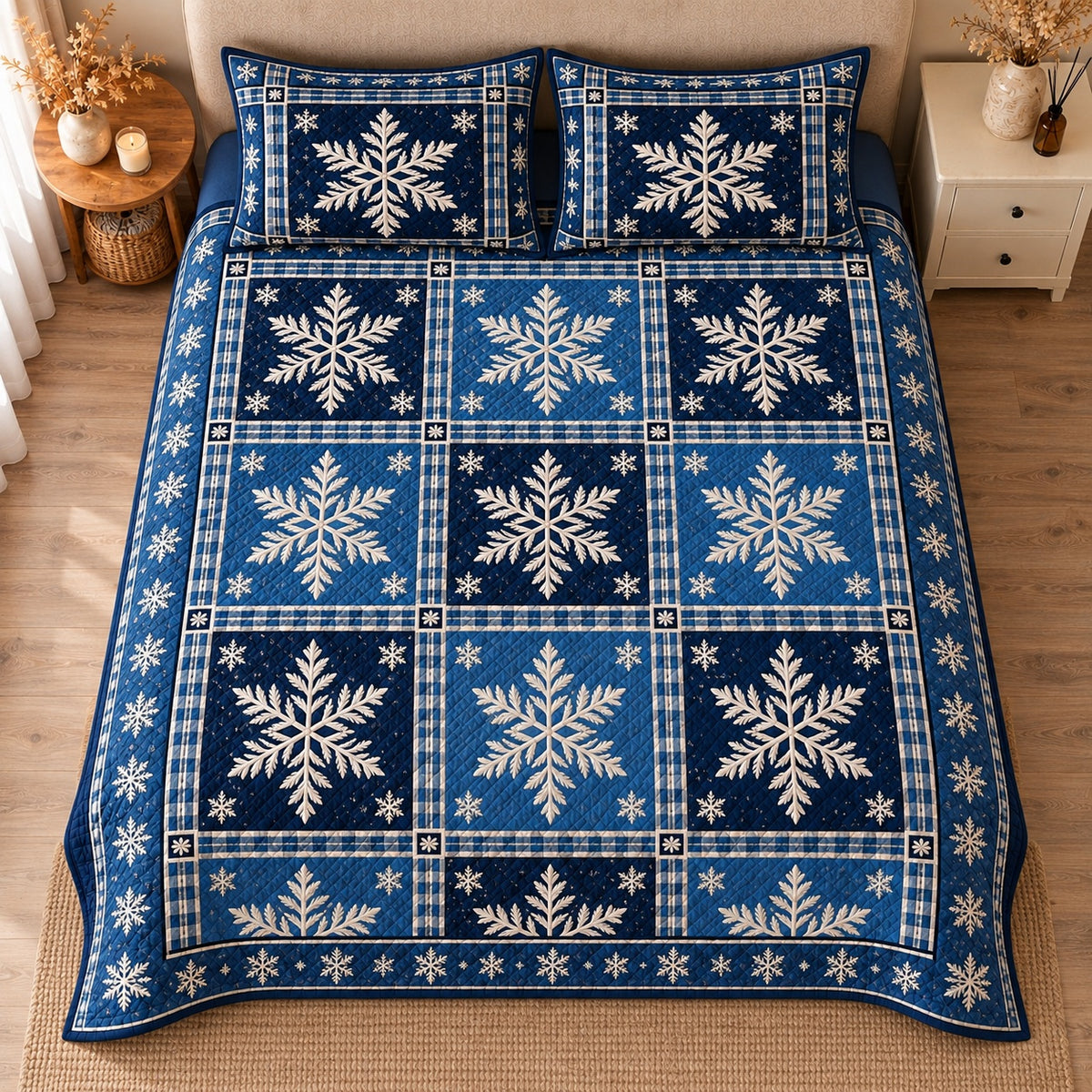 AI mockup, high centered overhead view of large ivory snowflakes in varied navy and blue patchwork squares, quilt and two matching printed pillowcases in a neutral bedroom.