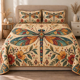 Dragonfly Quilt Set, Jewel Tone Wings and Folk Florals, Gift for Dragonfly Lovers