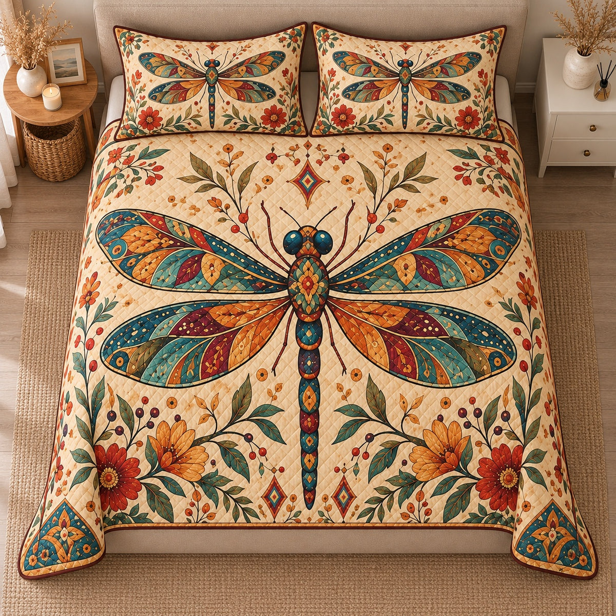AI mockup, high centered overhead view of an ornate jewel toned dragonfly with patterned wings amid folk flowers on cream, quilt and two matching printed pillowcases in a neutral bedroom.