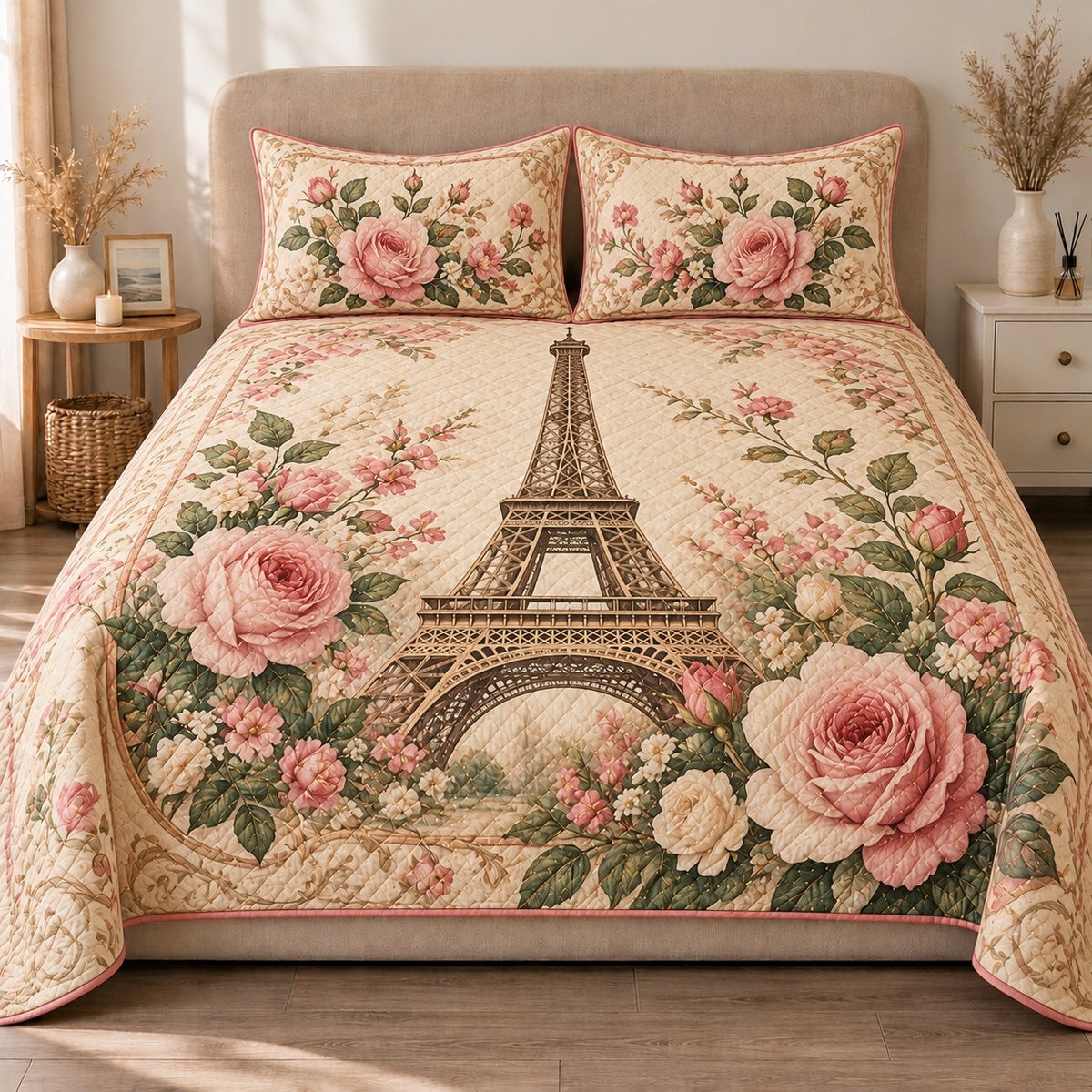 AI mockup, front view of the Eiffel Tower framed by blush pink roses on a vintage cream background, quilt and two matching printed pillowcases in a neutral bedroom.