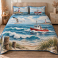 Nautical Coast Quilt Set, Fishing Boat Lighthouse and Ocean Surf, Gift for Coastal Decor Lovers