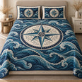 Nautical Compass Quilt Set, Navy Ocean Waves and Ivory Rose, Gift for Sailing Lovers