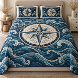 Nautical Compass Quilt Set, Navy Ocean Waves and Ivory Rose, Gift for Sailing Lovers