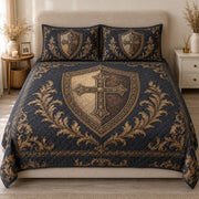 AI mockup, front view of an antique gold cross on an ornate shield with golden scrollwork on charcoal navy, quilt and two matching printed pillowcases in a neutral bedroom.