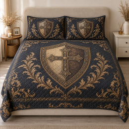 Cross Shield Quilt Set, Antique Gold Crest and Ornate Scrollwork, Gift for Christian Families