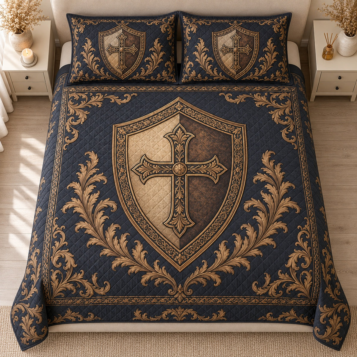 AI mockup, high centered overhead view of an antique gold cross on an ornate shield with golden scrollwork on charcoal navy, quilt and two matching printed pillowcases in a neutral bedroom.