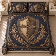 AI mockup, high centered overhead view of an antique gold cross on an ornate shield with golden scrollwork on charcoal navy, quilt and two matching printed pillowcases in a neutral bedroom.