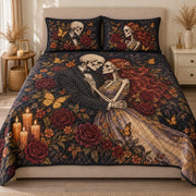 AI mockup, front view of a skeleton couple embracing amid burgundy roses, butterflies and candlelight, quilt and two matching printed pillowcases in a neutral bedroom.