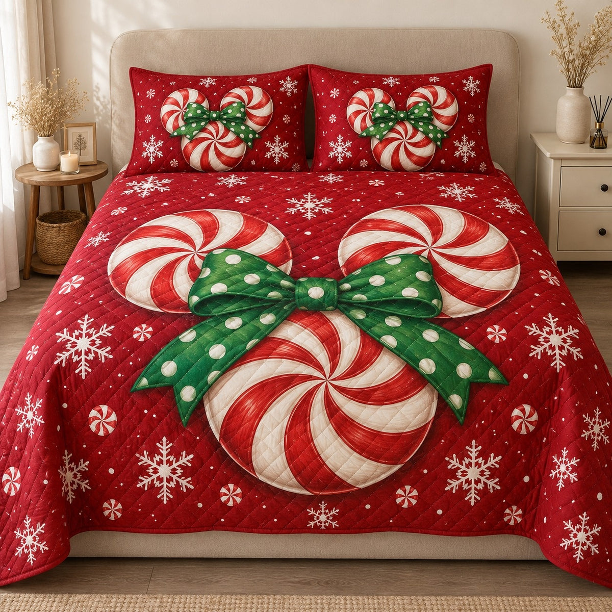 AI mockup, front view of two striped peppermint candy canes tied with a green polka dot bow on red with white snowflakes, quilt and two matching printed pillowcases in a neutral bedroom.