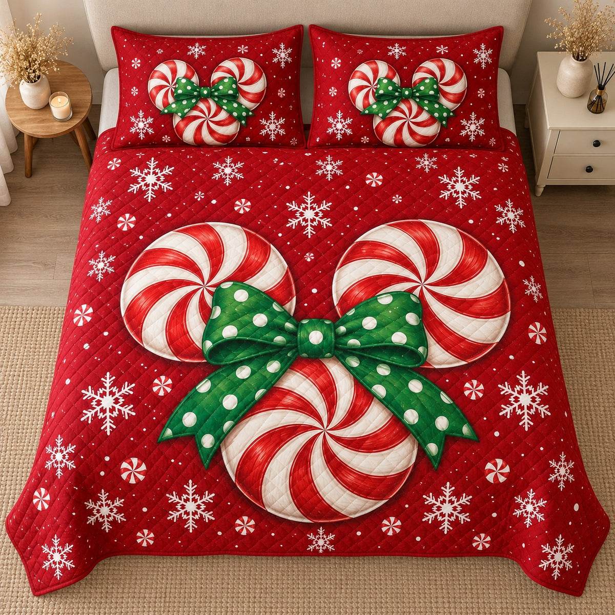 AI mockup, high centered overhead view of two striped peppermint candy canes tied with a green polka dot bow on red with white snowflakes, quilt and two matching printed pillowcases in a neutral bedroom.