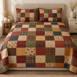 Rustic Patchwork Quilt Set, Earth Tone Plaid and Floral Squares, Gift for Country Decor Lovers