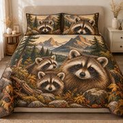 AI mockup, front view of three raccoons nestled among rocks and fallen wood in a mountain forest, quilt and two matching printed pillowcases in a neutral bedroom.
